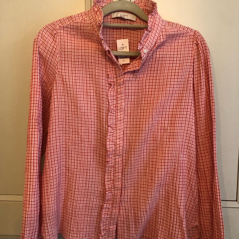 Ann Taylor Loft Ruffle Blouse Sz S Pink and Red Plaid